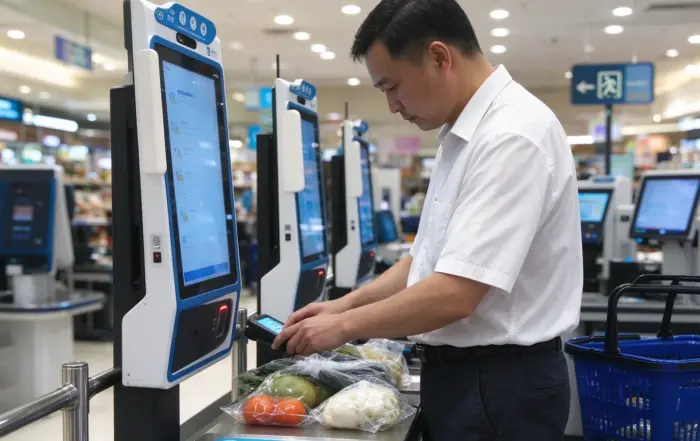 Shopper scanning fresh produce at a supermarket self checkout kiosk