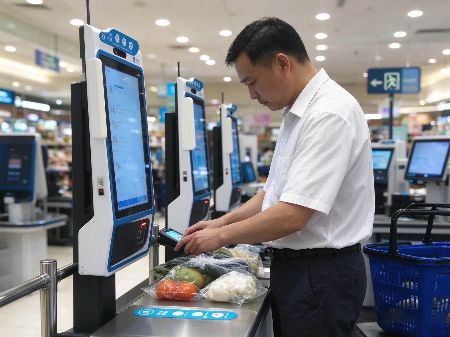 Shopper scanning fresh produce at a supermarket self checkout kiosk
