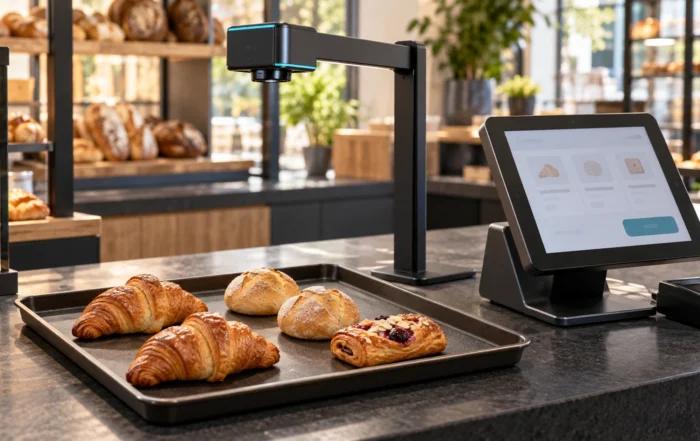 Illustration of bakery pastries under a vision checkout camera beside a pos terminal