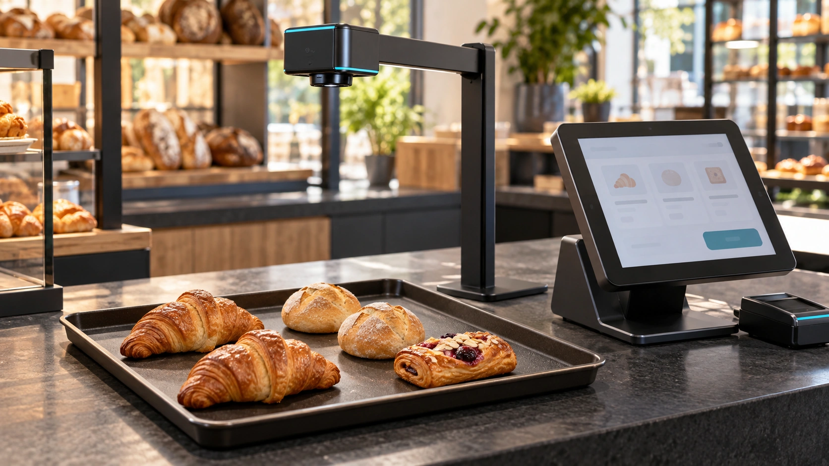 6 Illustration Of Bakery Pastries Under A Vision Checkout Camera Beside A Pos Terminal Illustration of bakery pastries under a vision checkout camera beside a pos terminal