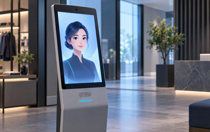 Illustration of a digital human avatar kiosk with a speaker and microphone