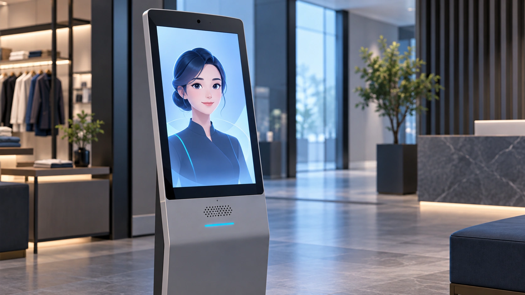 Illustration of a digital human avatar kiosk with a speaker and microphone