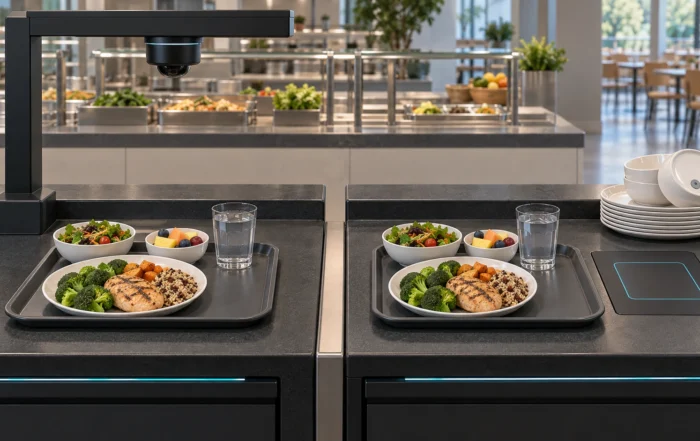 Illustration comparing camera based cafeteria checkout with rfid tagged dishware