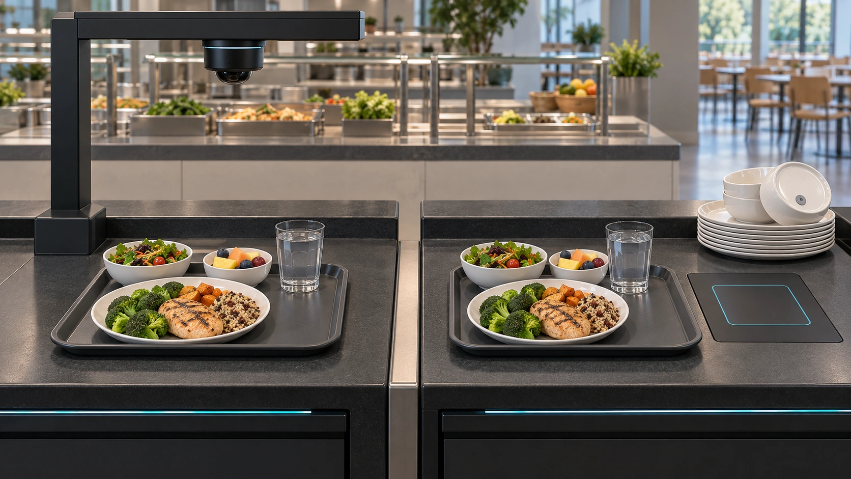Illustration comparing camera based cafeteria checkout with rfid tagged dishware
