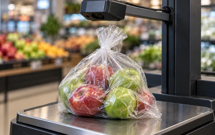 Illustration of apples in a clear plastic bag on a produce recognition scale